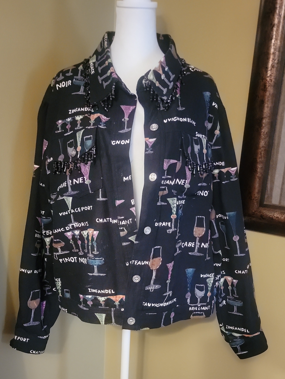 Everly Black Jean Jacket with Wine Glass Print
